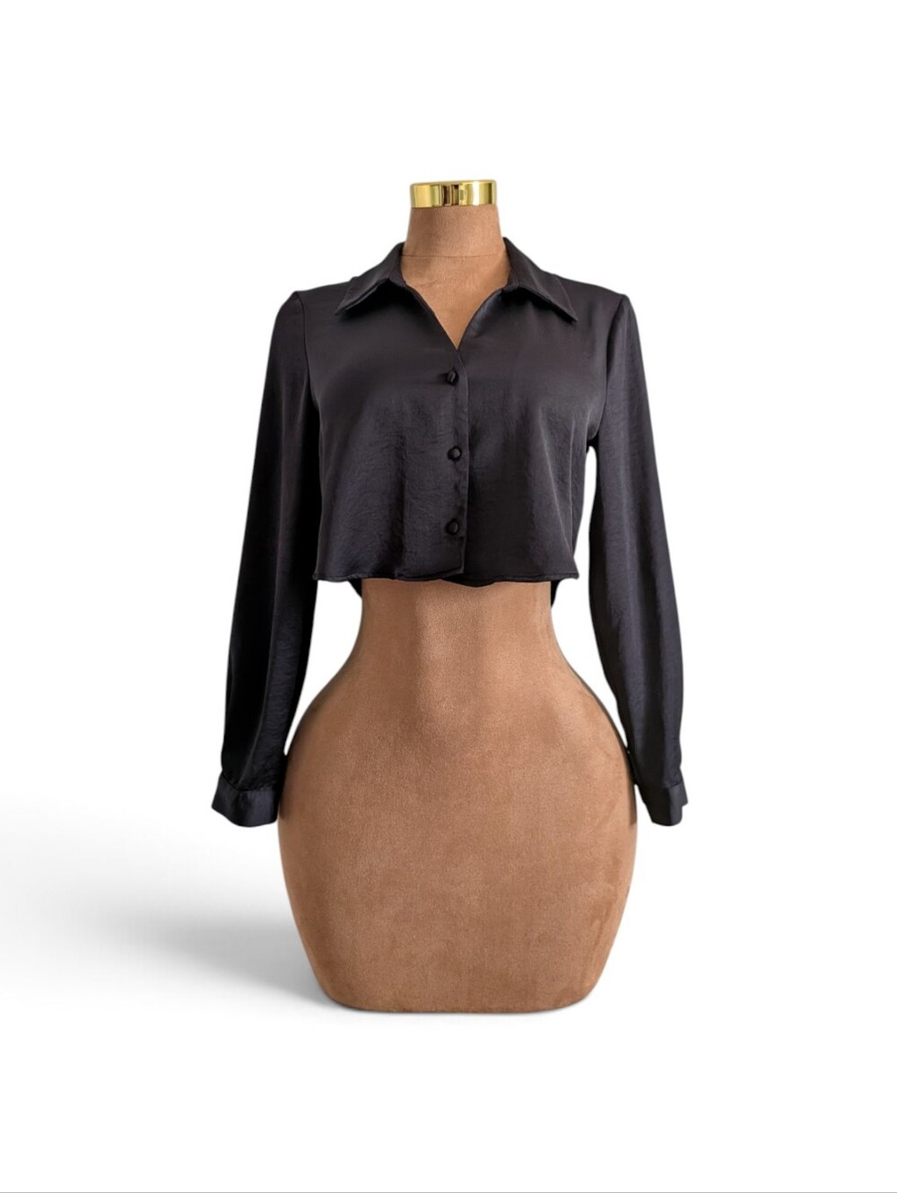 Zara Black Cropped Satin Button-Down Blouse